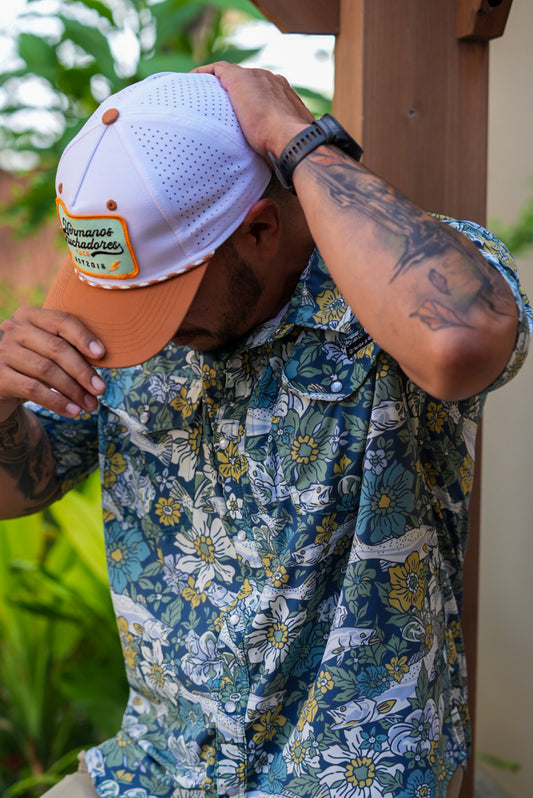 Oyster Blooms Comfort Vented Pearl Snap - Azul