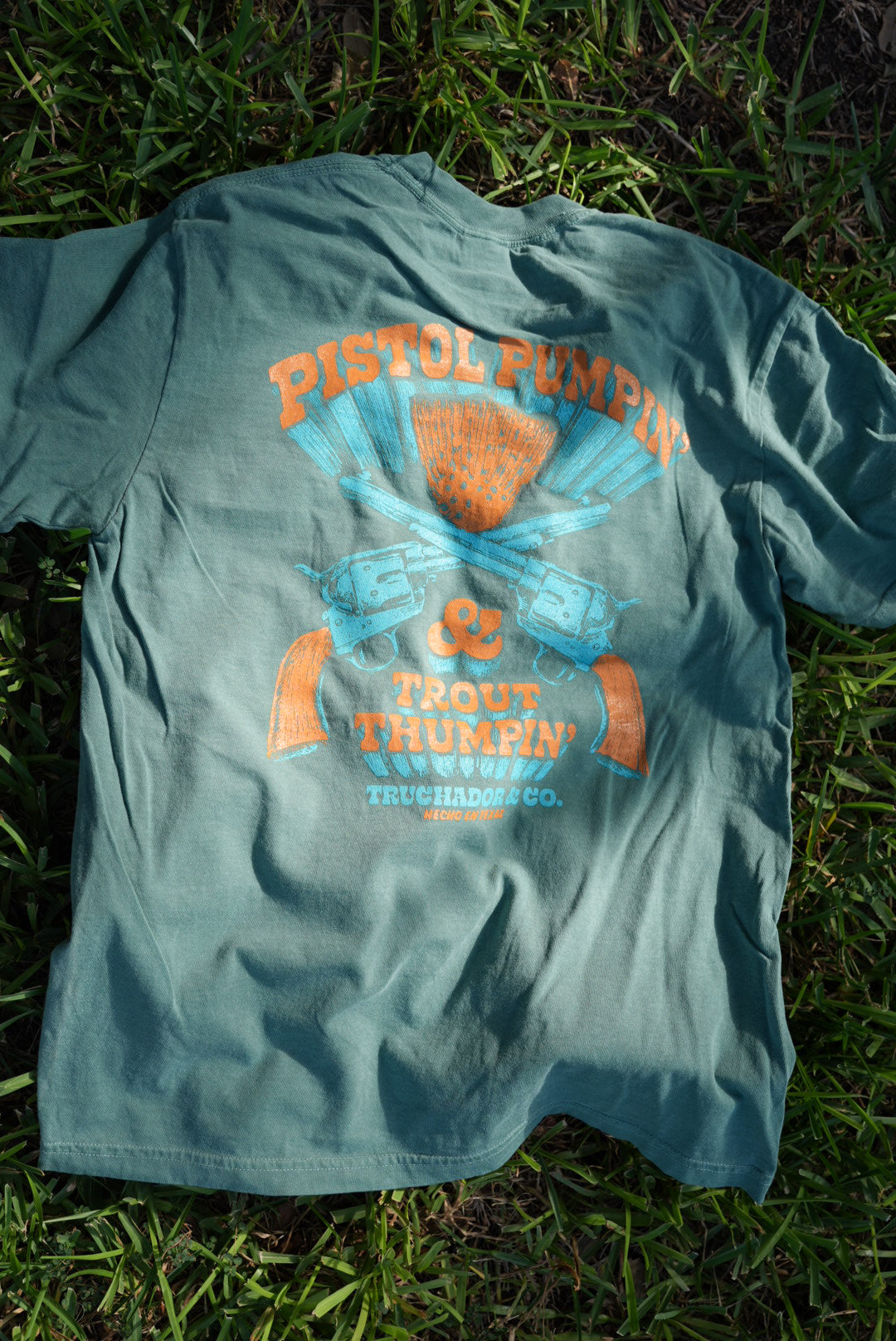 Pistol Pumpin' Trout Thumpin' Tee - Moss