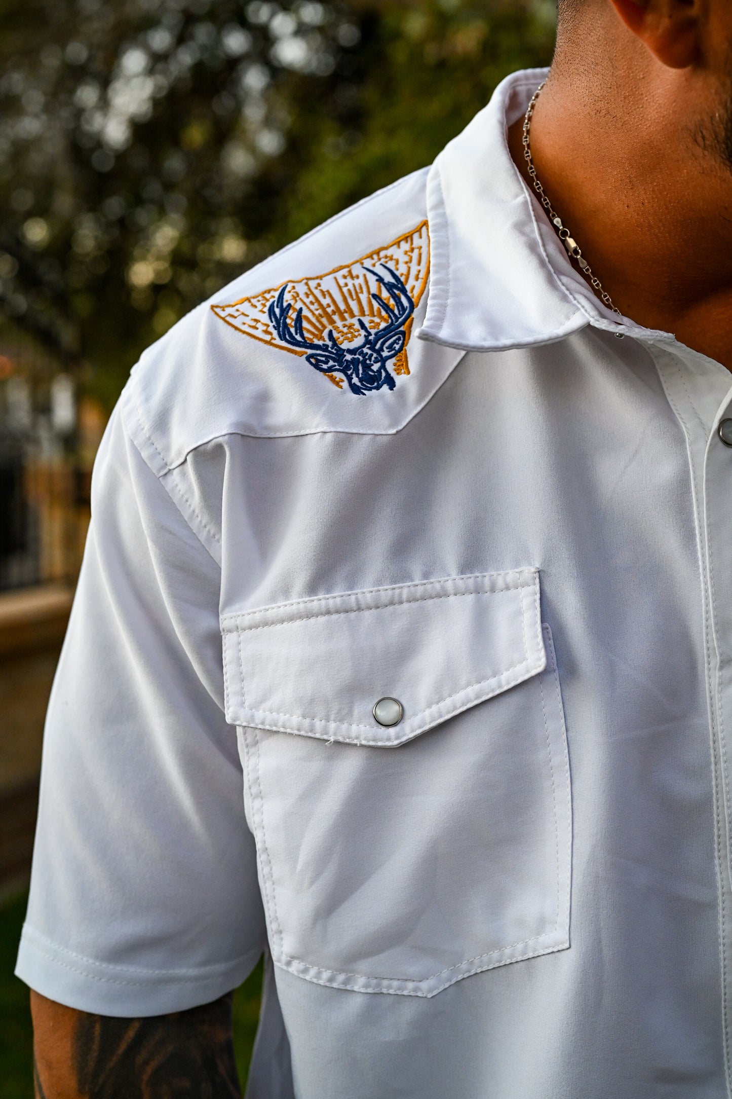 Texas Tails Pearl Snap Button up - White